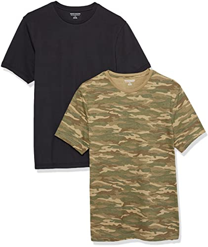 Amazon Essentials Maglietta Girocollo a Maniche Corte dalla vestibilità Aderente Uomo, Pacco da 2, Nero/Verde Stampa Mimetica, S