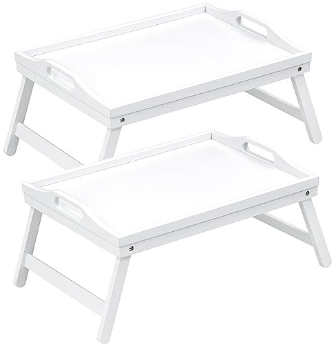 Mxbamhyc 2 Pack Bed Tray Table Breakfast Trays Serving Tray Bamboo Bed Laptap with Folding Legs Handles and Phone Holders