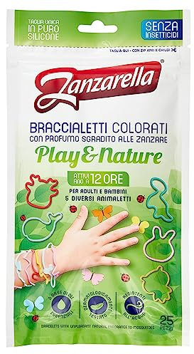 Zanzarella, 25 pulseras antimosquitos Play & Nature de silicona 100% reciclable con repelente de mosquitos a base de aceites naturales, activos hasta 12 horas, 5 diseños diferentes de colores, talla