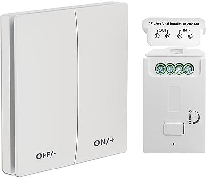 Variateur d'intensité LED sans fil cinétique avec télécommande pour lampes LED/halogènes/incandescentes à intensité variable, ignifuge et étanche IP65 [Classe énergétique A+++]