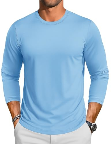 TACVASEN Mens Long Sleeve Tee Shirts Pure Cotton&Plain Color Baselayer Causl Tshirt Long Sleeve for Work Outdoor in Fall Waterfall Blue XXL