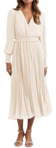 PRETTYGARDEN Vestidos Cruzados con Cuello en V para Mujer, para Invitados de Boda, Casual, Plisado, Manga Larga, Vestido Largo con Volantes, Beige, XXL