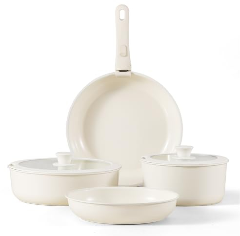 CAROTE Ceramica Batteria di pentole 7 Pezzi con manici amovibili,Set Padelle Antiaderenti,Padella 24/28cm,Casseruola 18cm,Wok 26cm,Ceramica e salute impilabile per Induzione,Forno,Lavastoviglie