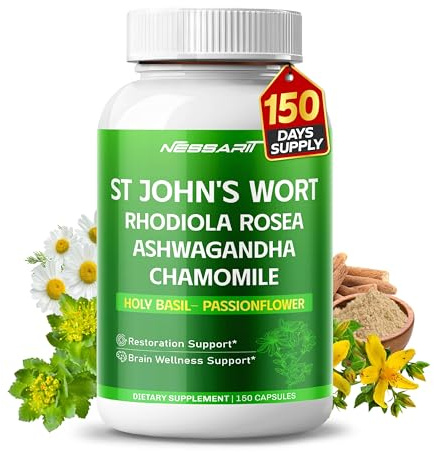 ST John's Wort 14-in-1 Natural Blend with Rhodiola Ashwagandha Chamomile Holy Basil L-Theanine Valerian Passionflower - 150 Count