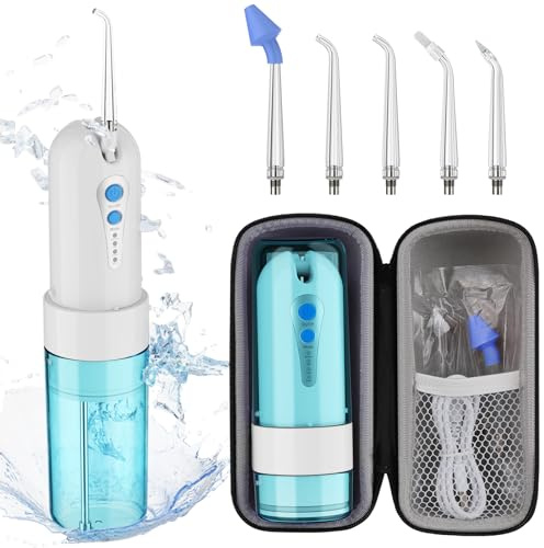 UODIR Idropulsore Dentale Senza Fili, Mini Irrigatore Orale Portatile con Custodia, 4 Modalità e 5 Ugelli, Filo Interdentale Elettrico, IPX7 Impermeabile, Adatto per Casa e Viaggi, Blu