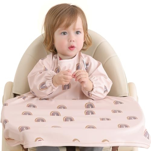 Yiupea Baby Bibs with Long Sleeves Specialized for Use in High Chair for 6 to 24 Months Toddlers, Waterproof Easy to Clean Baby Weaning Bib and Machine Washable, PU Soft Material&Elastic BLW-Pink