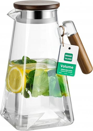 TELANKS Wasserkaraffe mit Deckel, 1800ML Glaskaraffe mit Deckel, Robuste Glaskaraffe mit Holzgriff