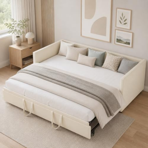 Cama tapizada, sofá cama extensible para 2 personas, cama nido de la misma altura, sofá cama con somieres y respaldo, cama multifunción, tela de terciopelo, sin colchón (beis, 90/180 x 200 cm)