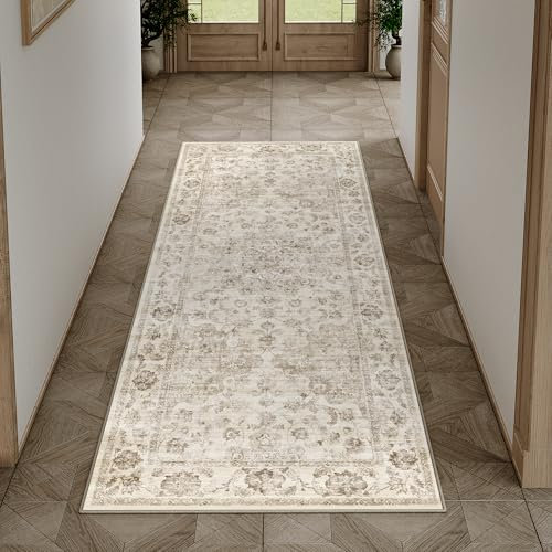 HUGEAR Vintage Hallway Runner Beige Long Area Rug 60x180cm Washable Non Slip Rugs Lounge Bedroom Kitchen Bedside Office Indoor Carpet Low Pile Carpets Runners