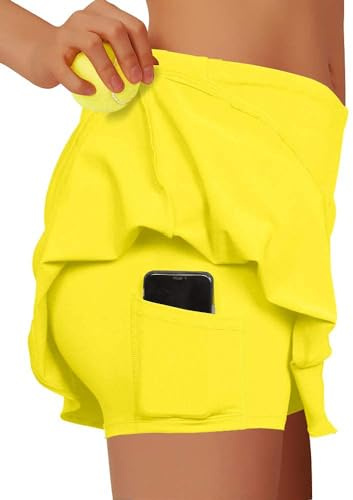 Gonna da tennis da donna, a pieghe, per golf, sport, con tasche, per esercizi al chiuso, a vita alta, atletica, mini gonna, Giallo, S