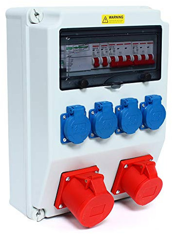 Répartiteur d'alimentation AC 250 V, AC 380 V, 16 A, 32 A - Répartiteur mural avec disjoncteur - 4 x 2P E Schuko 5 broches - Étanche - Pour l'intérieur et l'extérieur