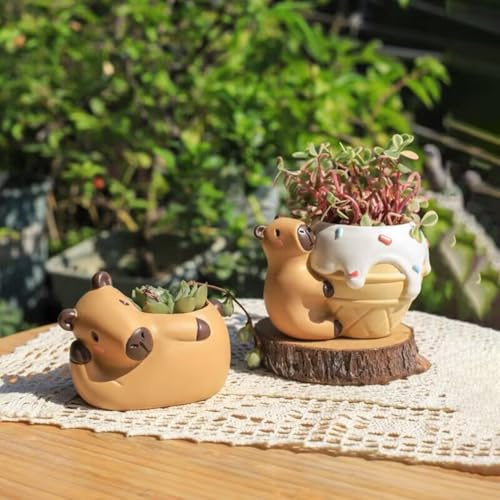 beolur Capybara Resin Succulent Planter Set of 2 - Mini Garden Decor with Drainage Holes (4.1x2.75, for Plant Lovers)