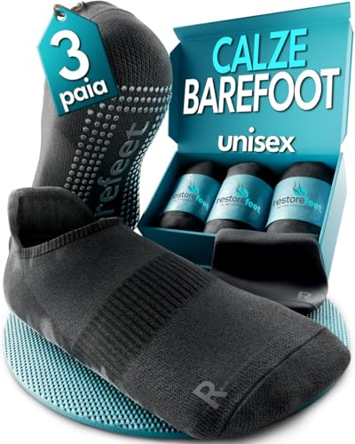 RestoreFeet Calze Barefoot Antiscivolo Uomo Donna – Calzini Anatomici a Punta Larga, Cotone Traspirante, Yoga Pilates Fitness (3 Paia) (IT, Numero, 40, 42, Regular, Regular, Nero Corto)