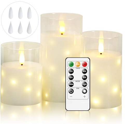 Cnulenzt Bougies LED Sans Flamme en Verre avec Guirlande Étoilée Intégrée, à Piles, avec Télécommande et Minuterie, Idéal pour Mariage, Décoration Maison - Lot de 3