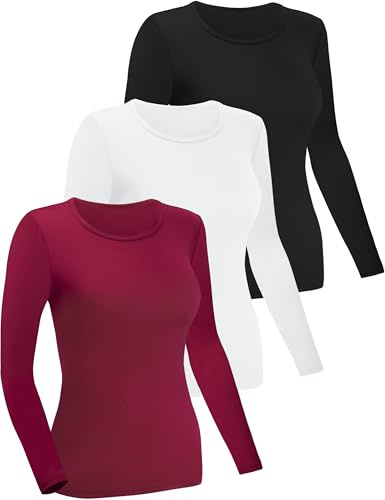 FEQO Lot de 3 Chemises à Manches Longues pour Femme T-Shirt à Manches Longues Col Rond Basique Slim Fit Tops