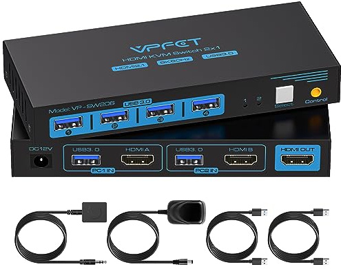 HDMI KVM Switch 2 PC 1 Monitor Support 8K@60Hz USB 3.0 KVM Switches for 2 computers Share 1 Monitor and 4 USB 3.0 devices such as Keyboard Mouse Printer. Power Adapter and Wired Controller Included