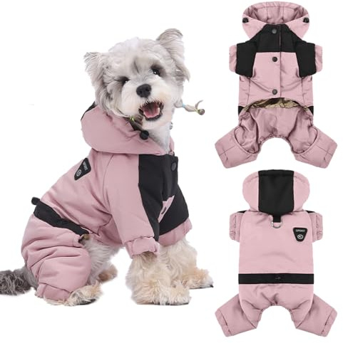Duuclume - Cappotto caldo per cani con cappuccio, impermeabile e antivento, giacca invernale a corpo intero per cani, tuta da neve, vestiti per animali domestici regolabili per tempo freddo (Rosa, S)