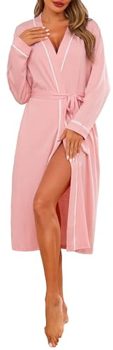 Vlazom Dam morgonrock, supermjuk kimono morgonrock full längd badrock långärmad nattkläder för alla årstider S-3XL, Ros rosa, S