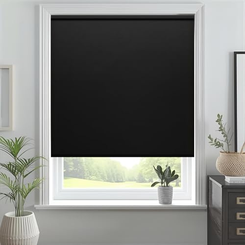 J.Din Made To Measure Roller Blinds, Thermal Blackout Roller Blind, Easy Fit Insulated UV Protection Child Safe Home Office Window Blinds, Black 90W x 165H cm