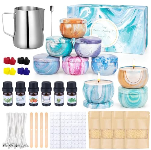 Kit de Fabricación para Velas,Kit para Hacer Velas,Kit Hacer Velas con 480g de Cera de Abeja,9 Frascos para Velas,6 Aceites Esenciales,8 Bloques de Color,Derretidor de Cera para Velas
