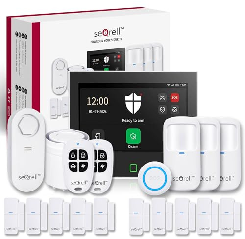 seQrell® Kit Alarma Casa con Aviso al Movil sin cuotas WiFi y 4G gsm con 7 Pantalla Táctil y Batería de 5000 mAh, Alexa, Aplicación Tuya Smart Life, Detector de Fugas de Agua, SQ7024B