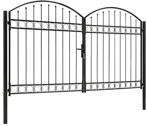 LoogCape ASSEN Double Door Garden Gate Powder-Coated Steel 300 x 200 cm Black Swing Gate with Arch Enclosure, Lockable with Lock and Hinges for Property Entrance
