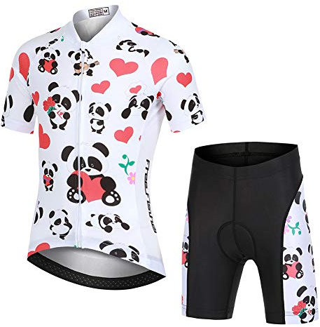 LPATTERN Kinder Radsport Bekleidung- Jungen/Mädchen Fahrrad Trikot-Set(Trikot Kurzarm+Kurz Radhose)/Radtrikot Kurzarm/Kurz Fahrradhose mit Sitzpolster,Panda Rot Herz(Anzug),110/116(Tag:S)