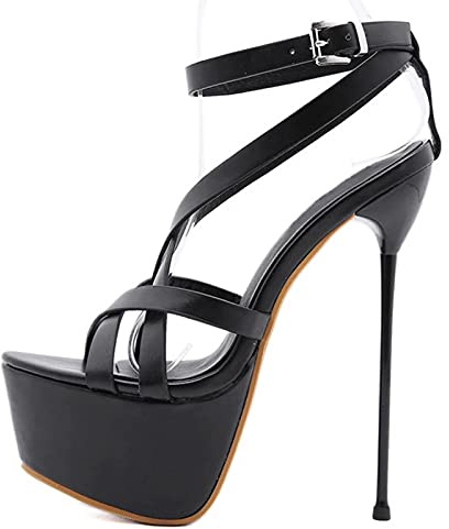 Femmes Sandales 17CM Sexy Escarpins Party Platform Escarpins Club Shoes Talons Aiguilles Bout Ouvert évider Talons Hauts Chaussures habillées Noir,Noir,39 EU
