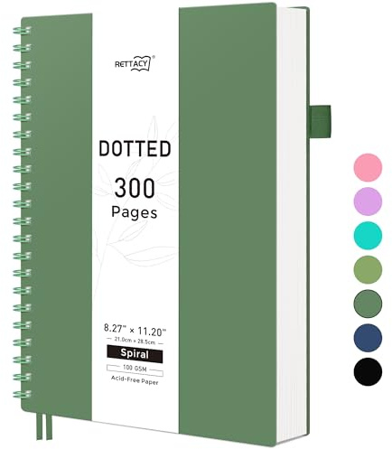 RETTACY A4 Spiral Notebook, Dotted Journal, 300 Pages, Dark Green | Flexible Plastic Cover Notepad, 100 GSM Thick Bullet Paper, for Women Men Work Office School - 21.5 × 27.9 cm
