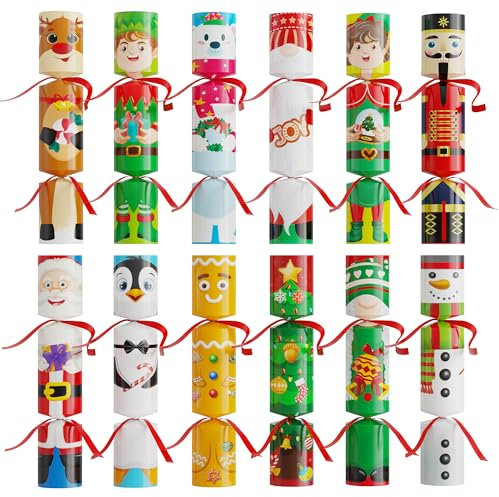 D-FantiX 12 Pack Christmas Crackers No-Snap Party Table Favors, with Party Hats Joke Little Gifts for Kids Adults, Cute Christmas Character Design, Xmas Holiday Dinner Traditions Supplies