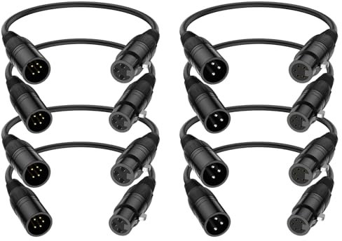 J&D XLR Cable 8-Pack, 3 Pin to 5 Pin Adapter (Male to Female & Female to Male) - DMX Microphone Cable for Audio & Stage Lighting, DMX512 Light Turnaround, 30 cm