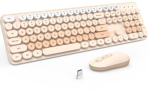 Wireless Keyboard and Mouse, Silent Keyboard Mouse Combo, Full-Sized Colorful Typewriter Keyboard with Round Keycaps, 2.4G Cute Mouse Compatible with PC/Laptop/Computer(Milk Tea)