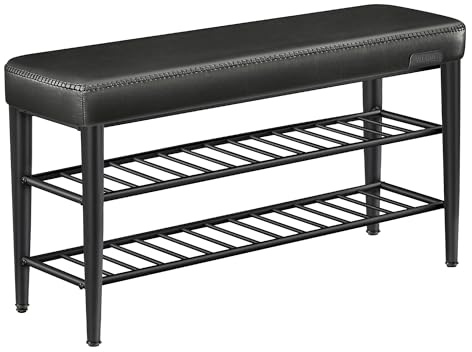 VASAGLE EKHO Kollektion - Schuhbank, Sitzbank, Sitztruhe, Eingangsbereich, Kunstleder, Nähte, Mid-Century-Modern-Stil, modern, bis 135 kg belastbar, 30 x 100 x 50 cm, tintenschwarz LSB113B01