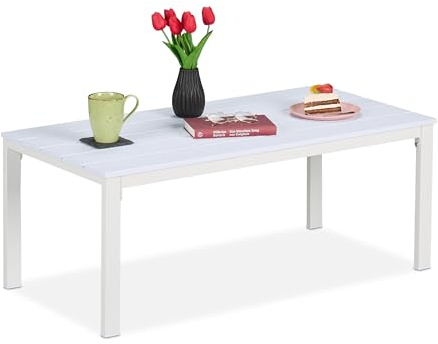 Relaxdays Gartentisch, wetterfest, auch für Terrasse und Balkon, Loungetisch, HBT: 39 x 98 x 48 cm, Outdoortisch, weiß