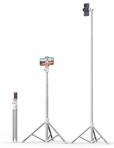 180cm Handy Stativ für Smartphone, Stabiles Erweiterbarer Aluminium Stangen & Größere und längere Stativbeine, Handystativhalter mit Fernauslöser (Weiß)