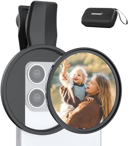 NEEWER 67mm Clip On Black Diffusion 1/4 Filter Compatible with iPhone, Phone Camera Lens Photography Accessories Kit Compatible with iPhone 16 15 Pro Max Plus 16e 14 13 mini 12 11 X, FL-B24