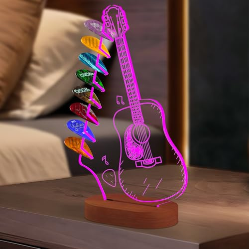 Alyoen Light Up Guitar Pick Holder for 8 Picks Storage, 7 Color Options Acrylic Guitar Headstock Shaped Pick Holder with Wooden Base and Display, Guitar Accessories Gift for Guitar Players Guitarists