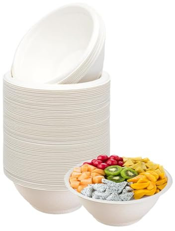 Kozdtiz Einweg Suppenschalen, 50 Stück Einwegschüsseln aus Zuckerrohr, 260 ml Biologisch Abbaubar und Kompostierbar für Party Haushalt Picknick Weiß