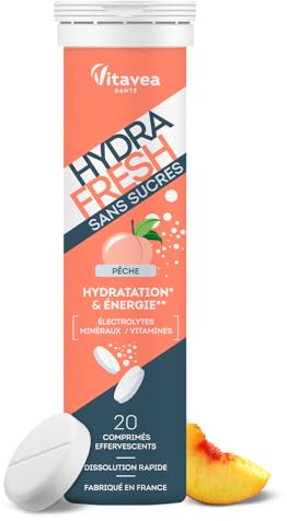 HydraFresh - Pastilles hydratation Effervescentes - Magnésium, Électrolytes, Calcium, Vitamines C et B - Complément alimentaire énergie saveur Pêche - Sans Sucres - Fabriqué en France