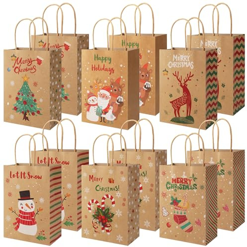 LIAILA Juego de 12 Sacos natal de regalo navideñas, 6 patrones festivos de Bolsas papel navidad, adecuadas para fiestas navideñas, embalaje de regalos, Bolsas regalo navidad y bocadillos