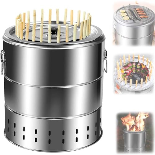 Barbecue portatile senza fumo – Barile a carbonella in acciaio inox con griglia e spiedini, ideale per interni ed esterni, campeggio, picnic e feste in giardino