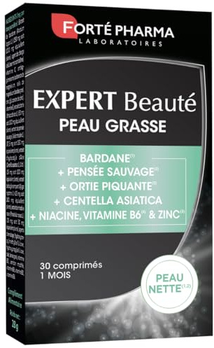 Forté Phama - Expert Beauté Peau Grasse - Complement alimentaire peau sensible, terne - Acide hyaluronique, Collagene marin, Vitamine B3 (Niacine), Vitamine E, Zinc - 30 comprimés, 1/jour