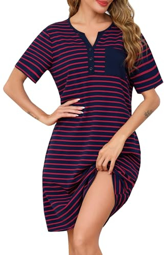 Lovasy Chemise de Nuit Coton Femme Été Chemise de Nuit Manches Courtes à Rayure Robe De Nuit Boutonnée Devant Tee Shirt de Nuit Femme Grande Taille avec Poches Latérales D-Bleu Marine/Rouge XL
