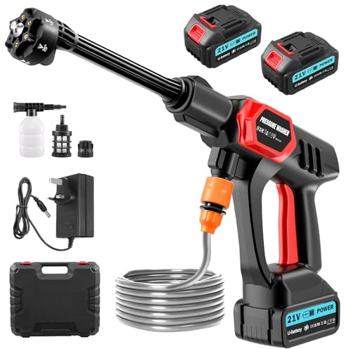 Idropulitrice a Batteria,80 Bar/1160 PSI Idropulitrice Portatile con 2 x 3.0Ah Batterie,6 In 1 Rotante Ugello,Tubo da 5M,High Pressure Cleaner per Auto,Giardino,Pavimenti e Esterni