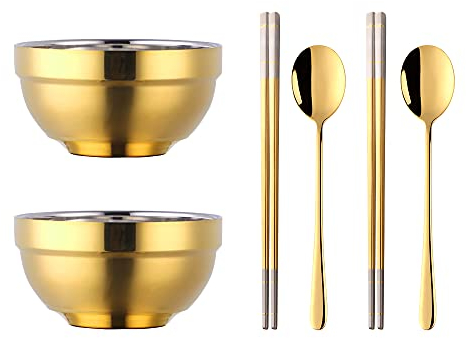 Buyer Star Müslischale 500ML, Edelstahl Salatschale 6er Set, 2 Doppelschicht Suppenschüssel, 2 Löffel 2 Paar Essstäbchen, spülmaschinenfest - Gold