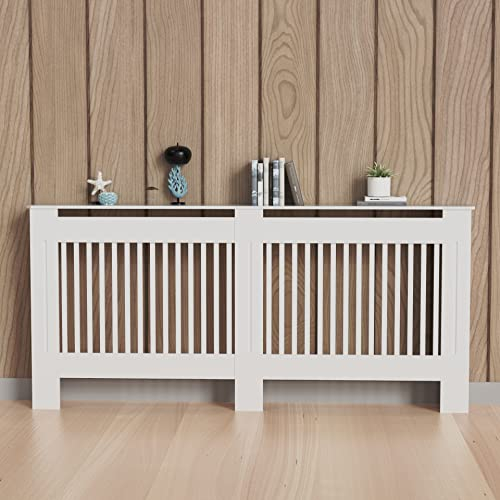 FATIVO Cache Radiateur Blanc en Bois MDF - Grille Couvercle Design pour Maison de Chauffage - Armoire Couverture pour Salon Chambre - 152x19x92cm Vertical