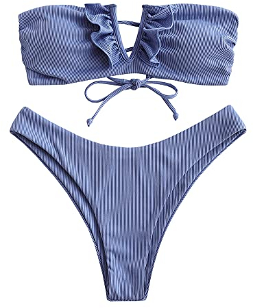 ZAFUL V-Verdrahtet Gerippt Fest Hoher Schnitt Bandeau Bikini Set Gepolstert Zwei Stücke Badeanzug Bademode für Damen (C-Blau,M)