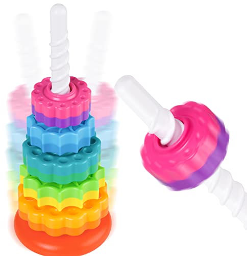 NiToy 35cm Stapelturm mit Drehfunktion, Regenbogen-Stapelringe Spielzeug für Kinder, Zweifarbige drehende Räder, Lernspielzeug aus BPA-frei ABS-Kunststoff zur Frühen Förderung und Gehirnentwicklung