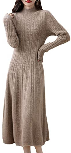 Hamthuit Vestidos de mujer Suéter de cachemira Vestido largo de lana Mujer Cuello alto Falda de oficina Otoño Invierno, Khaki9, XL