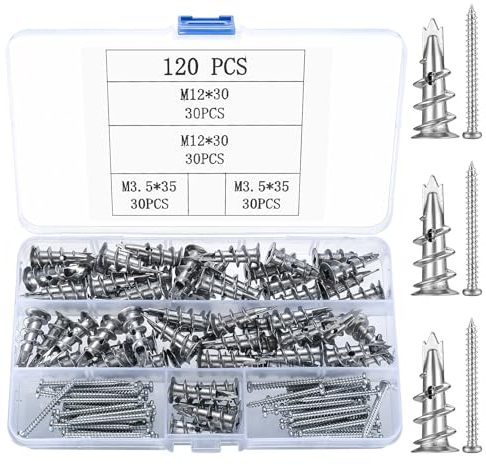 Gipskartondübel 120 Stück Selbstbohrende Rigipsdübel mit Zinklegierung - 60x M3.5x35mm Schrauben & 60x M12x30mm Hohlraumdübel für Trockenbau, Rigipsplatten und Hohlwände